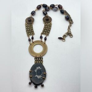 VTG Jan Michaels Agate Stone Modernist Brass Disk Statement Necklace Signed